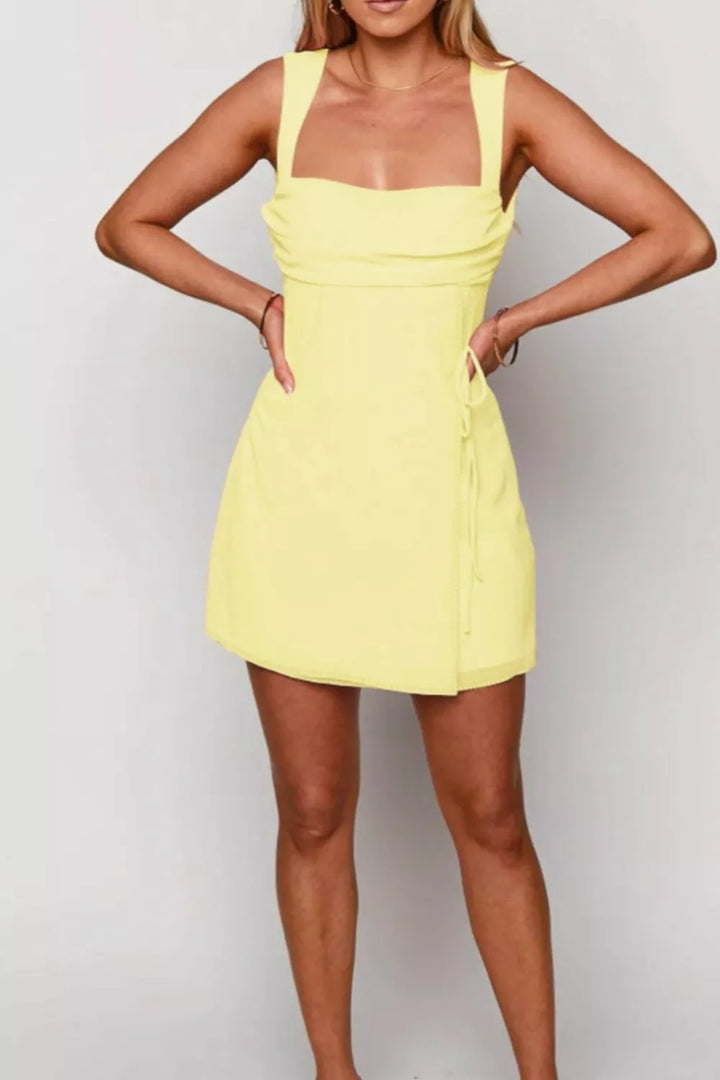 Pastel Yellow Ruched square neck mini dress with side tie