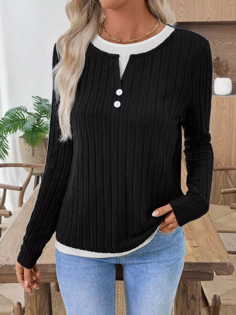 Ribbed knit layered-look long sleeve top with button trim