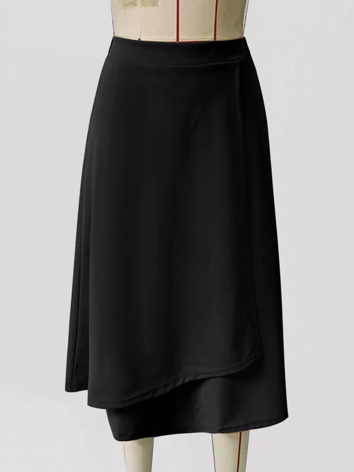 Asymmetrical layered hem high-waist A-line midi skirt
