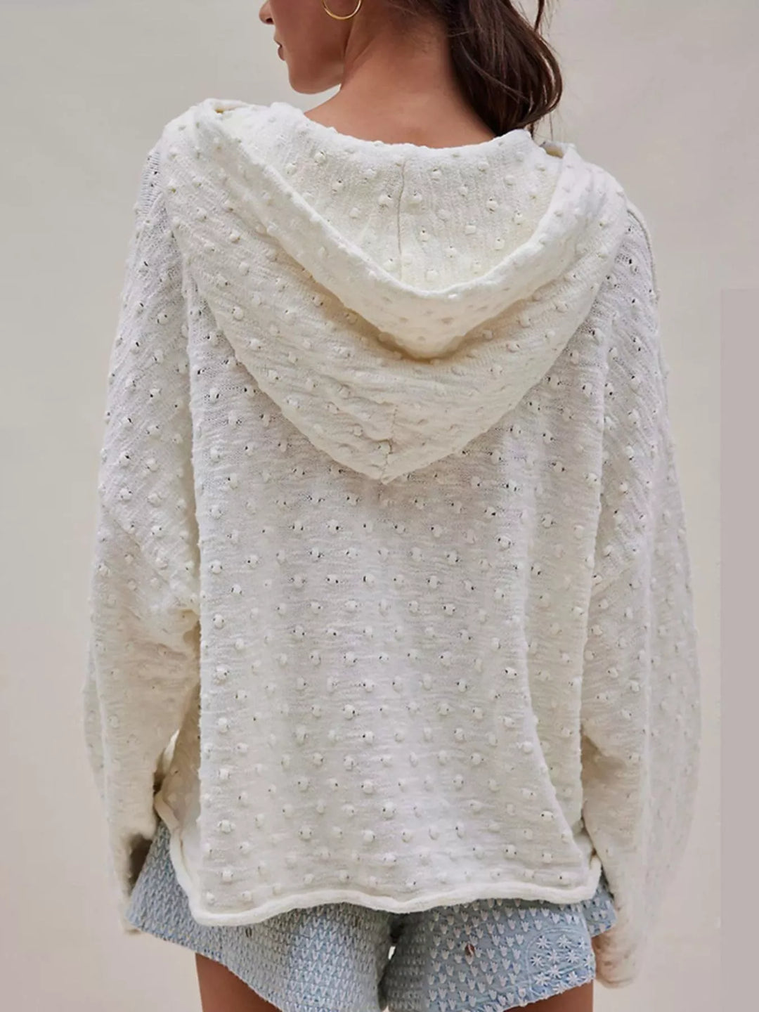 Textured dot knit hooded pullover with front pocket
