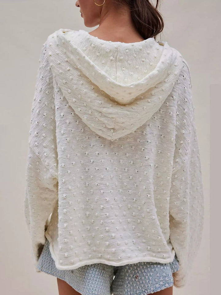 Textured dot knit hooded pullover with front pocket
