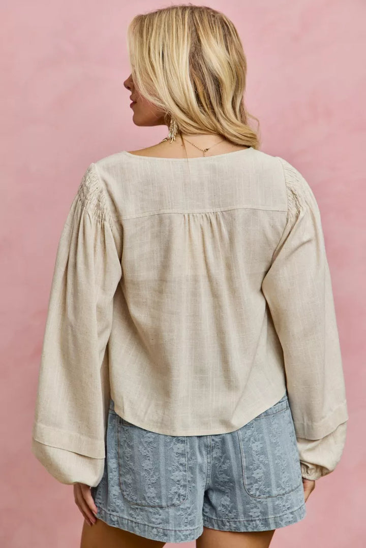 Smocked button-front puff sleeve linen blend top