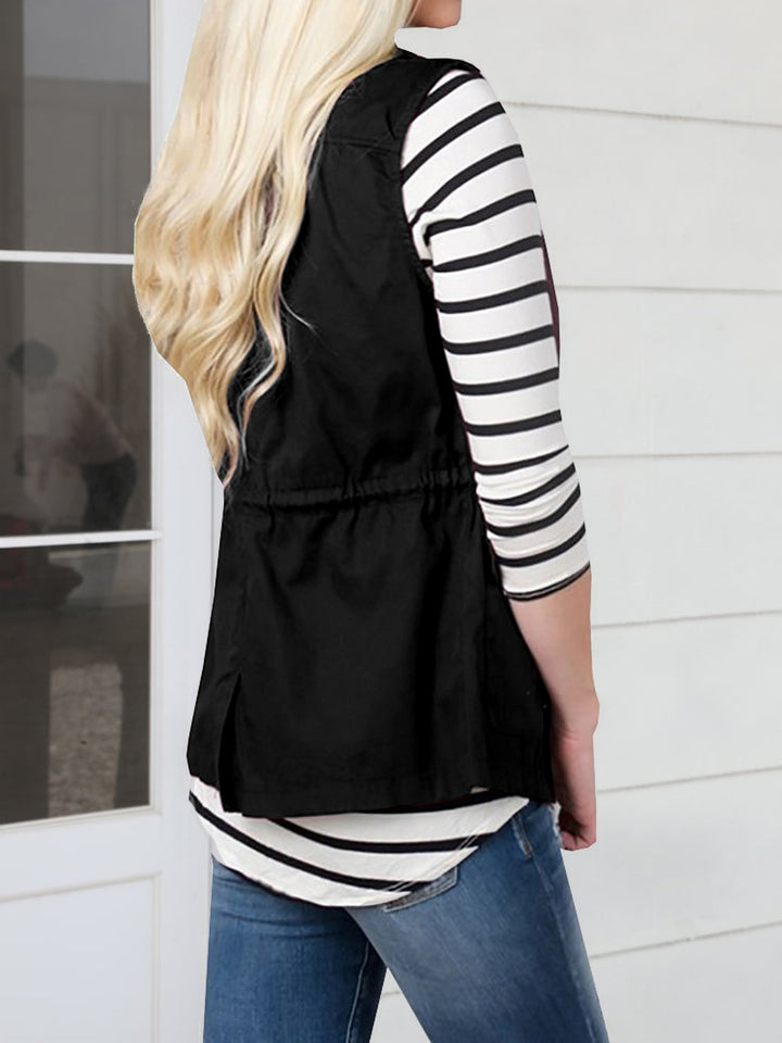 Drawstring waist utility vest with snap flap pockets