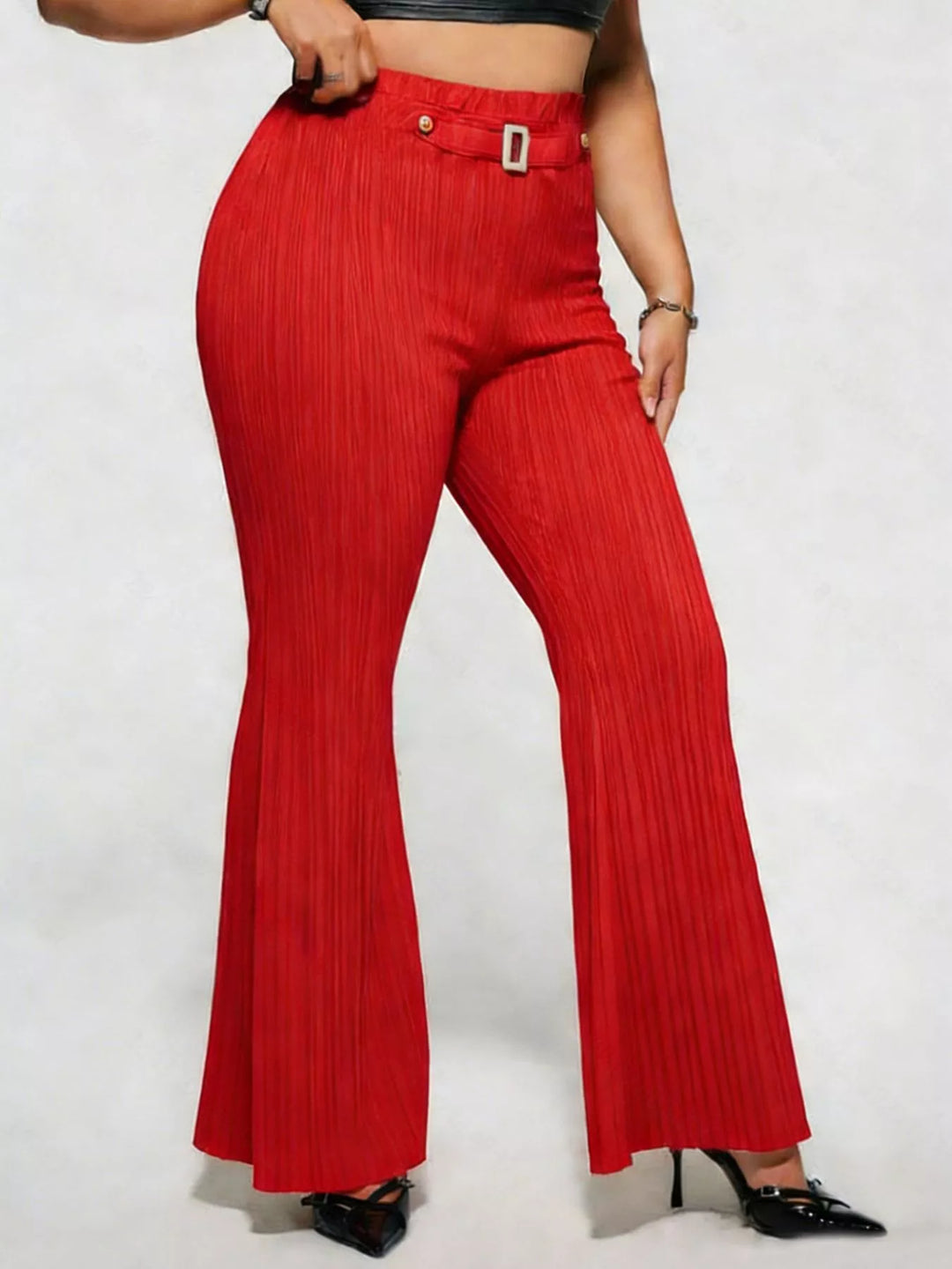 Plus size high-rise ribbed flare pants with buckle detail