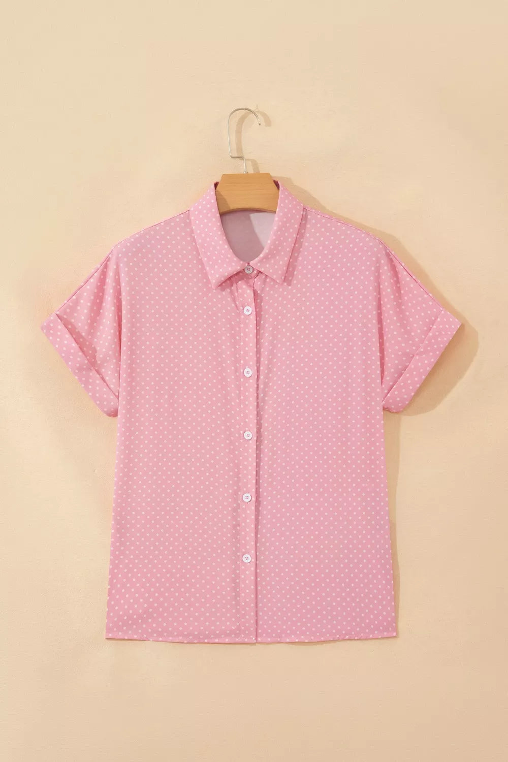 Polka dot short-sleeve button-down collared shirt