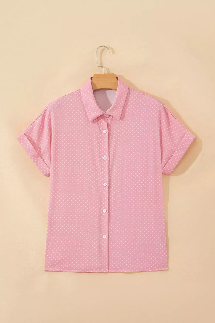 Polka dot short-sleeve button-down collared shirt