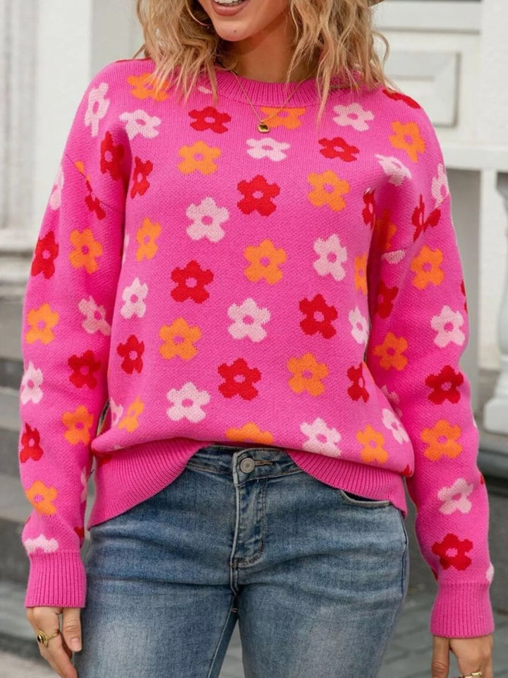 Retro daisy floral crew neck knit sweater