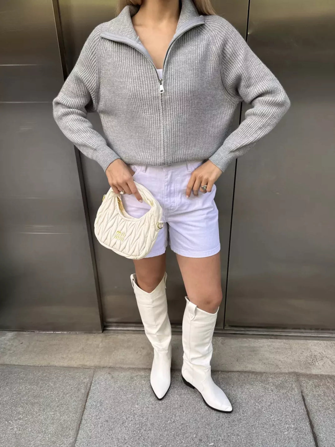Zip-up ribbed knit cardigan with funnel neck and drop shoulders