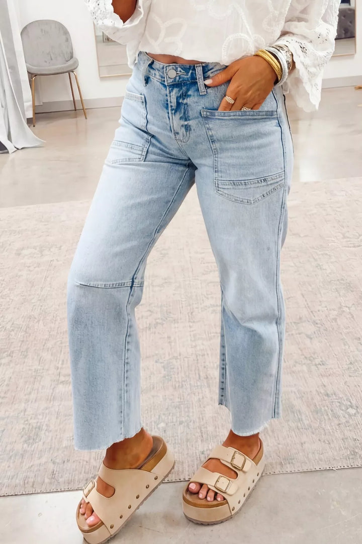 Light Blue Utility pocket straight leg jeans with raw hem