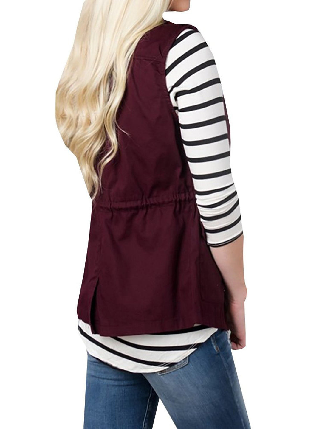 Drawstring waist utility vest with snap flap pockets