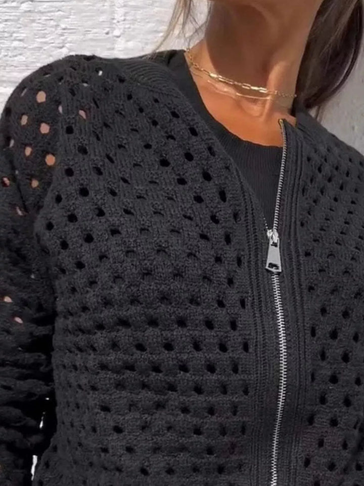 Open-knit zip-up bomber cardigan with ribbed trim