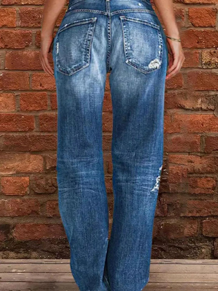 Distressed straight-leg jeans with raw frayed hem