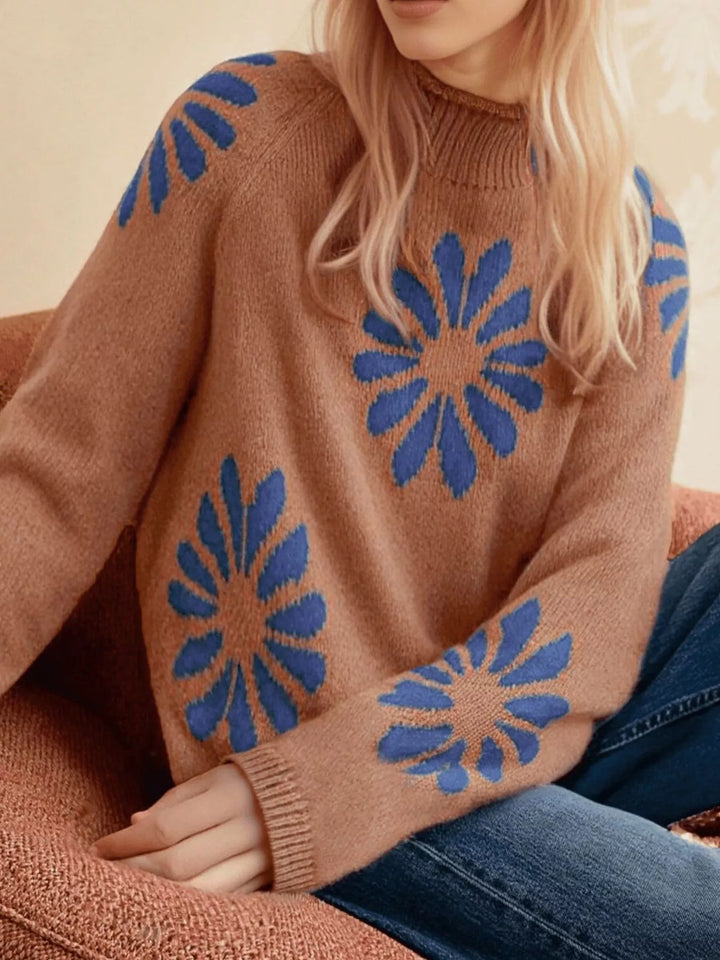 Floral intarsia mock neck raglan sleeve knit sweater