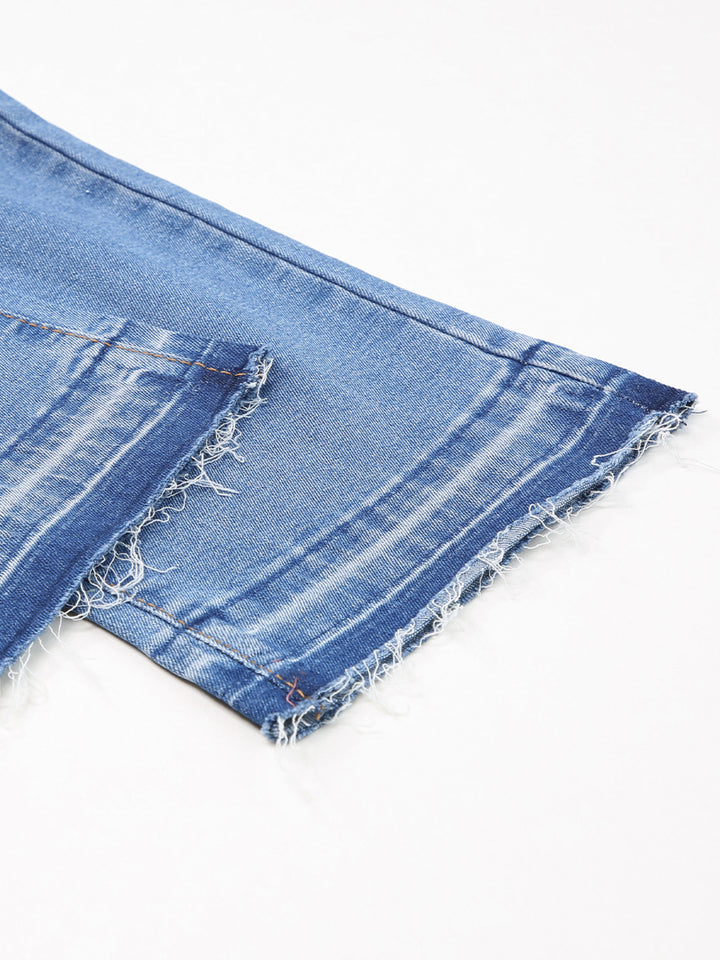 High-rise whiskered wash raw hem cropped jeans