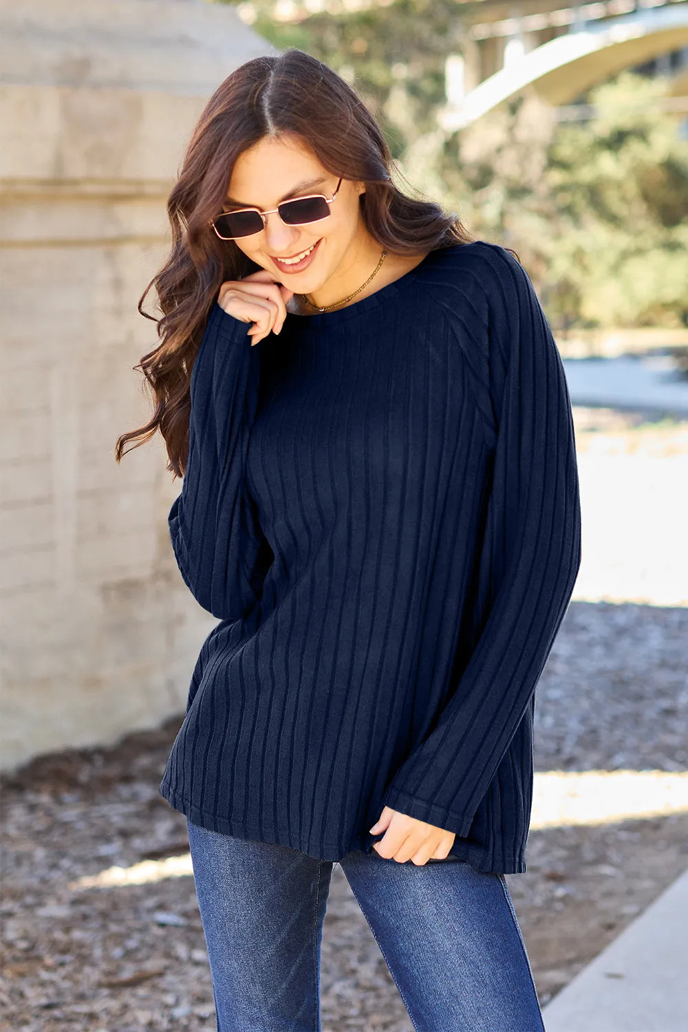 Dark Blue Relaxed ribbed knit round neck long sleeve top