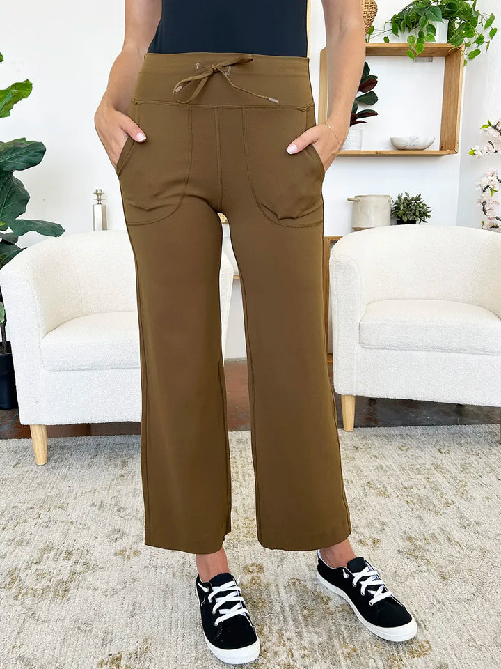 Brown High-waist drawstring wide leg pants with patch pockets