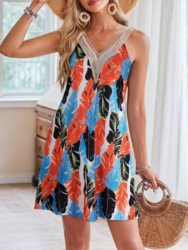 Red Blue Tropical leaf print V-neck mini dress with crochet trim
