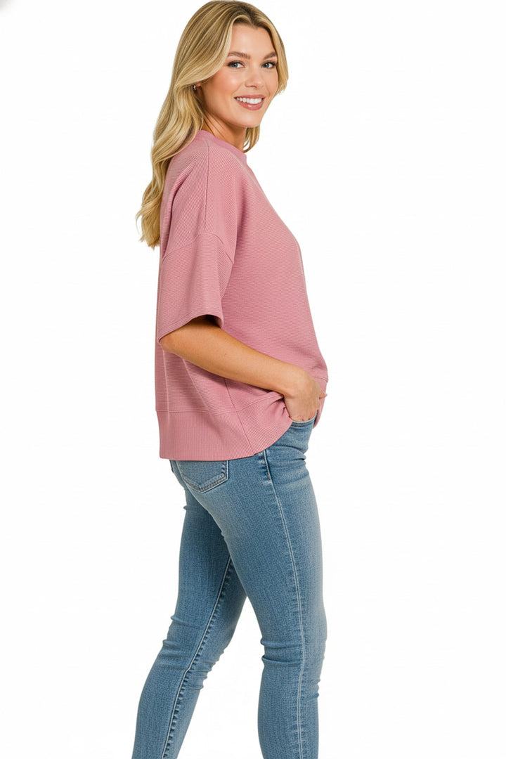 Ribbed drop-shoulder boxy tee with banded hem
