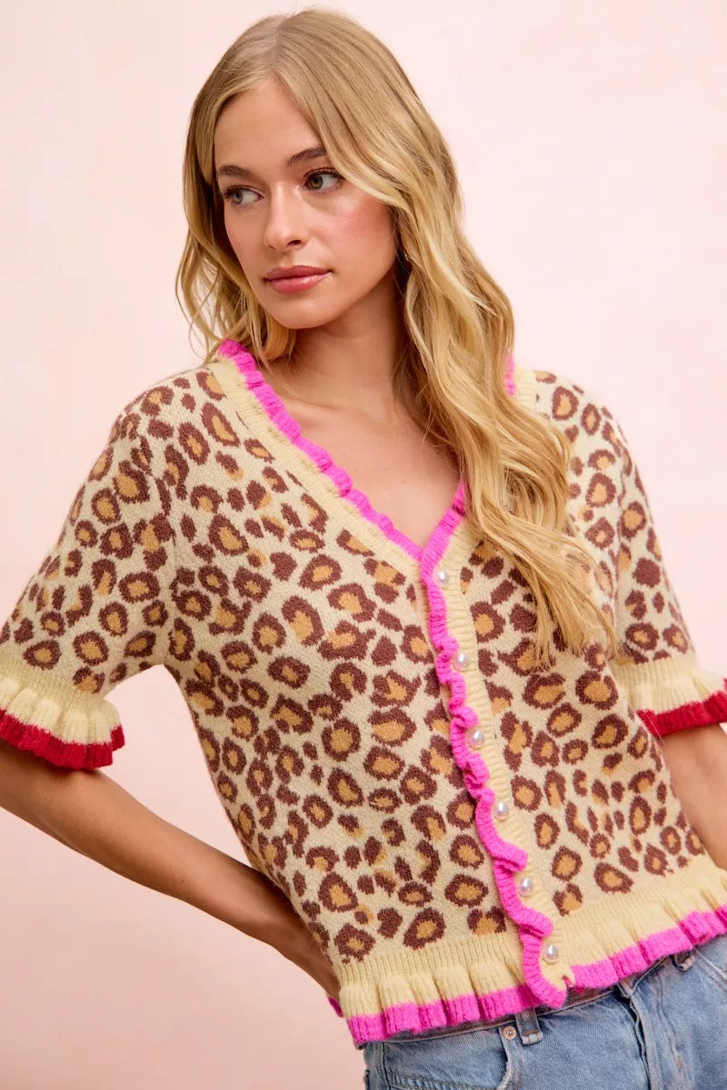 Leopard Leopard print knit button cardigan with ruffle trim