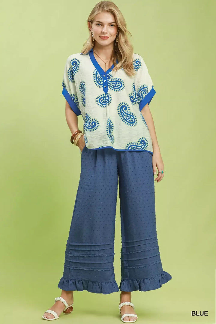 Paisley print contrast-trim short sleeve blouse