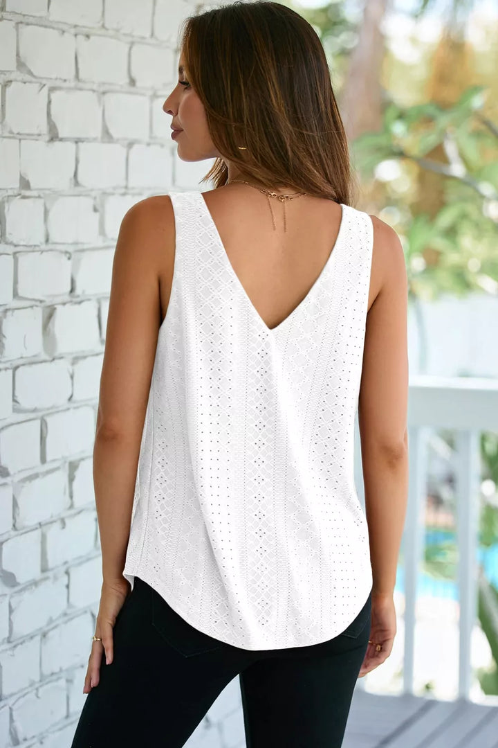 Eyelet knit V-neck tank top with curved hem
