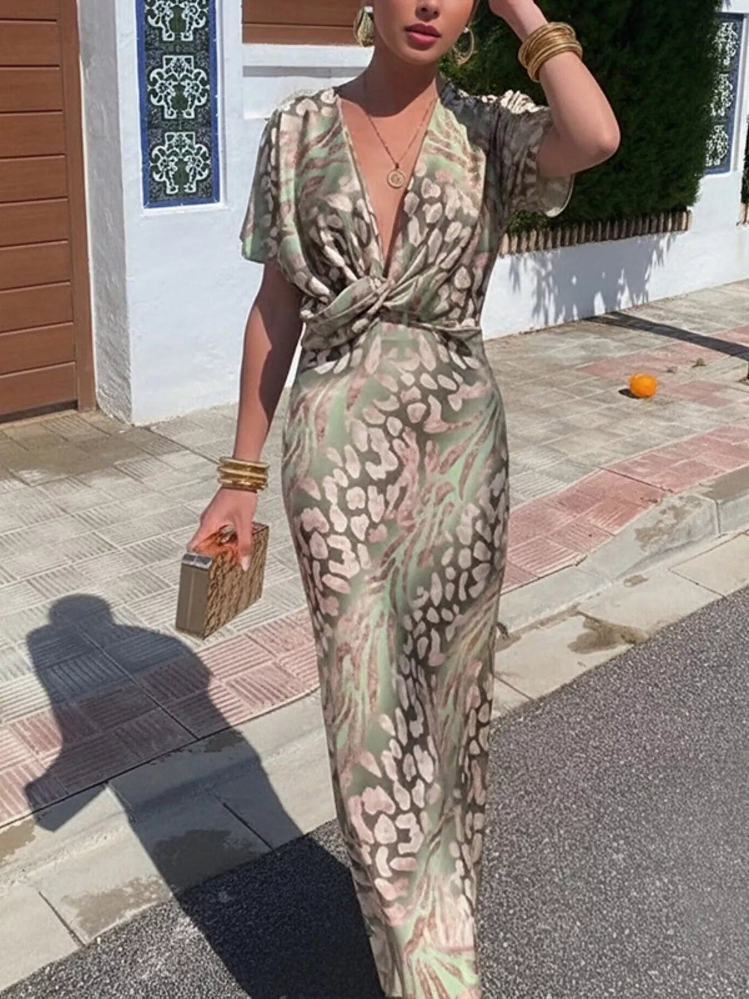 Twist-front animal print V-neck maxi dress