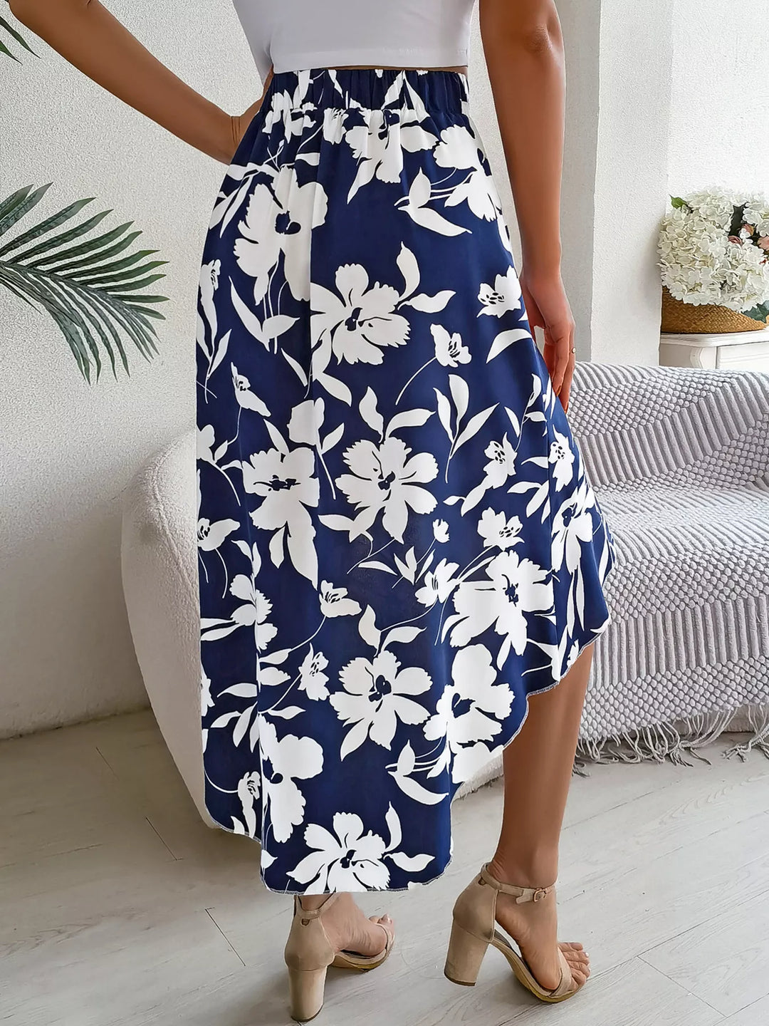Floral print asymmetrical ruffle hem midi skirt