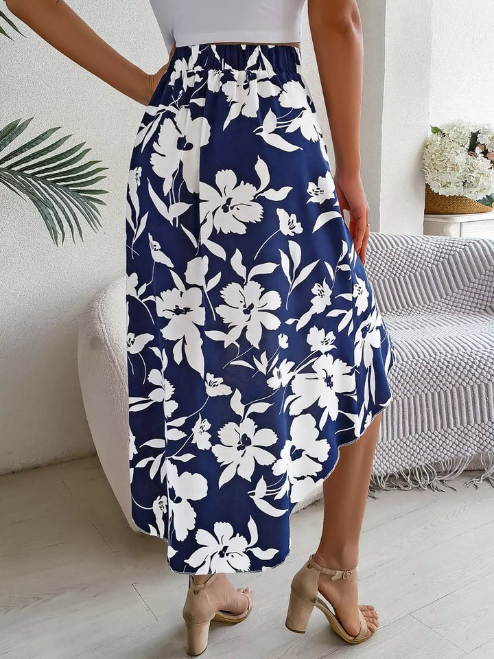 Floral print asymmetrical ruffle hem midi skirt