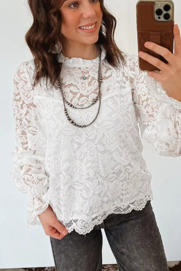 Sheer floral lace blouse with ruffle mock neck and flounce sleeves