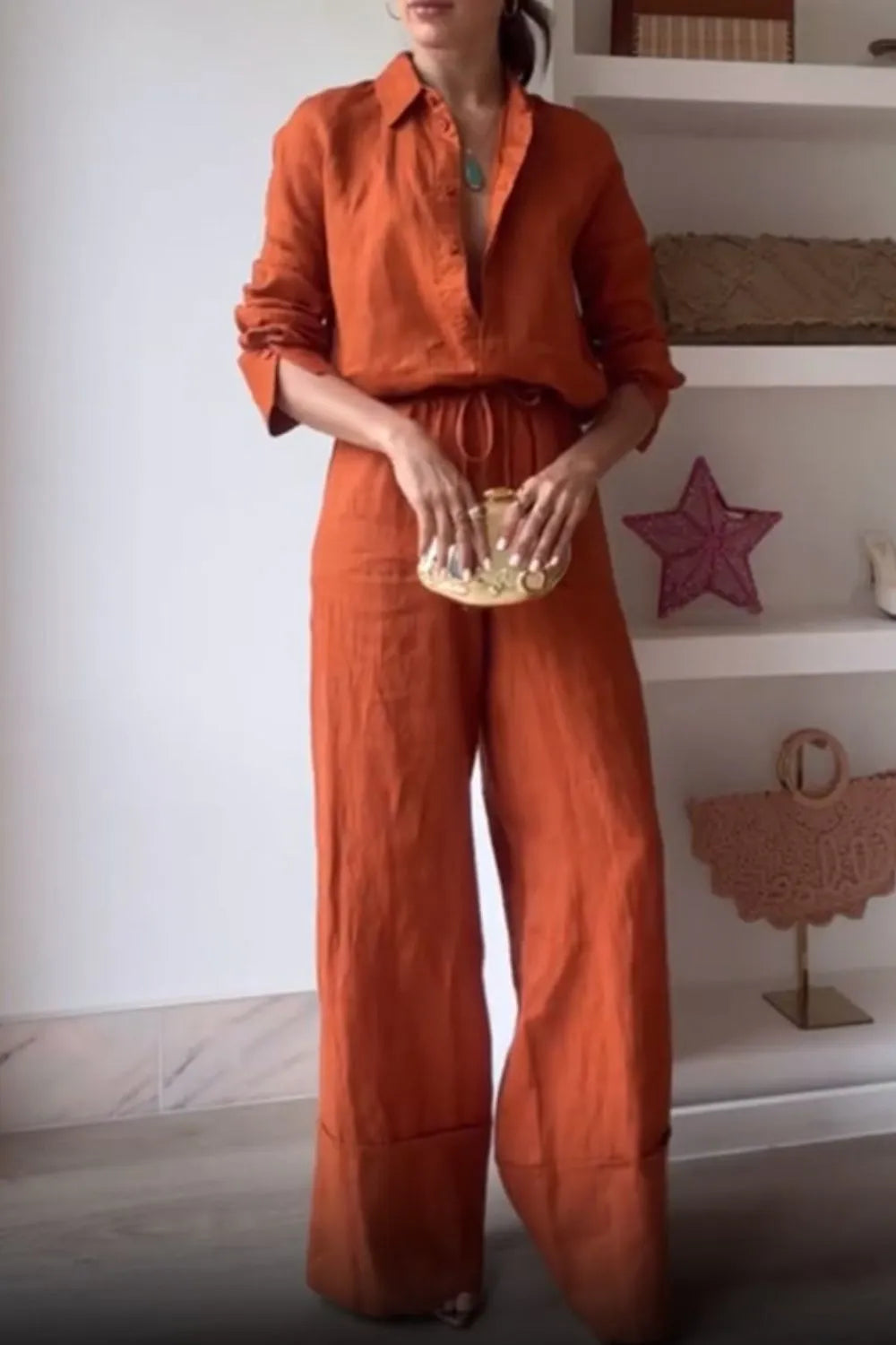 Long sleeve button-down shirt and wide-leg drawstring pants set