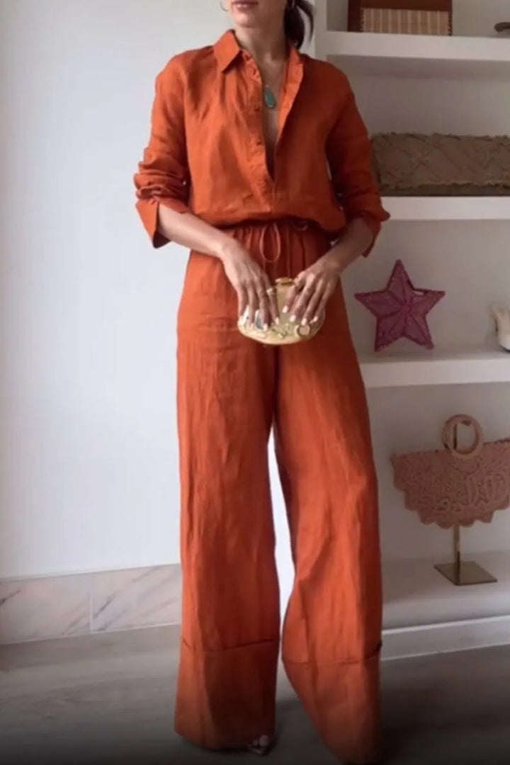 Long sleeve button-down shirt and wide-leg drawstring pants set