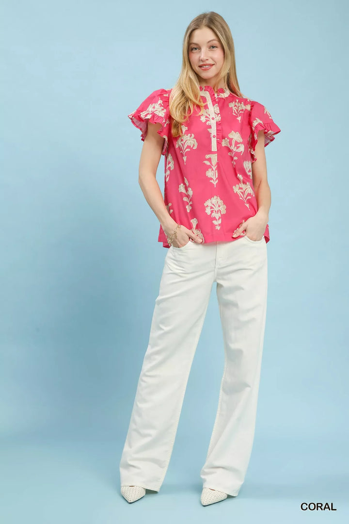 Floral flutter sleeve split-neck top with lace trim placket