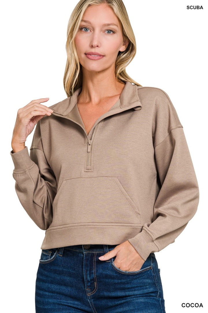 COCOA Scuba knit half-zip pullover with kangaroo pocket