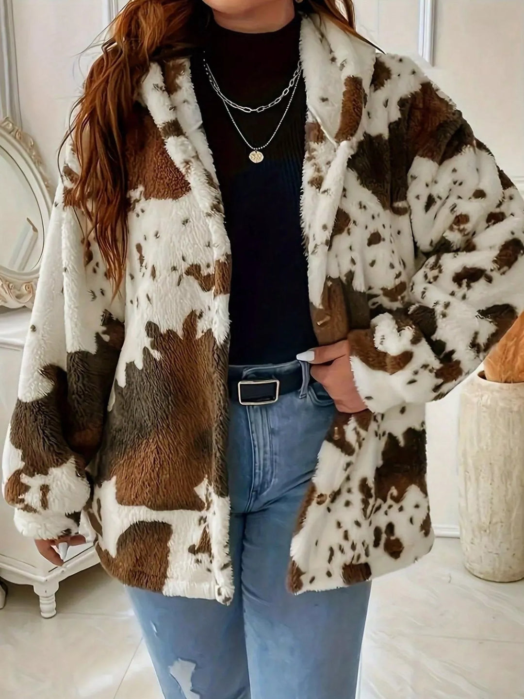 Cow print plush fleece hooded jacket with button front