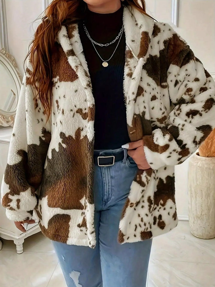 Cow print plush fleece hooded jacket with button front