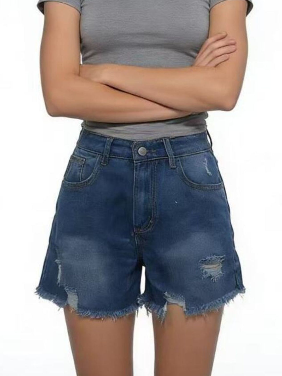 Distressed high-rise denim shorts with frayed raw hem