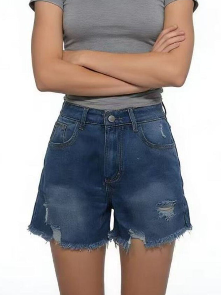Distressed high-rise denim shorts with frayed raw hem