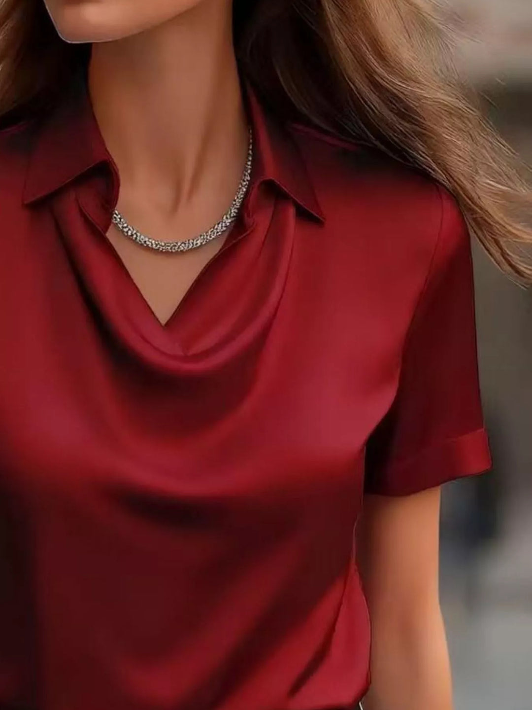 Cowl neck satin blouse with collar and cuffed short sleeves
