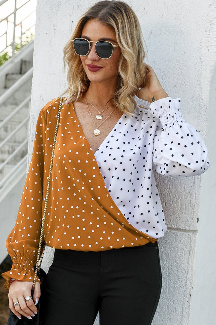 Tangerine Color-block polka dot surplice blouse with lantern sleeves