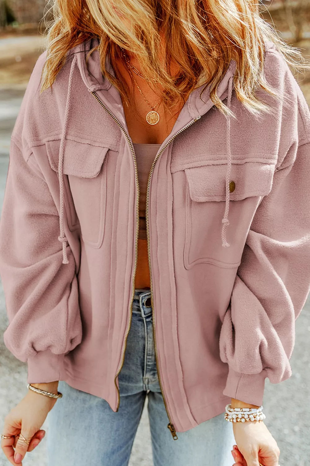 Zip-up hooded fleece jacket with flap pockets