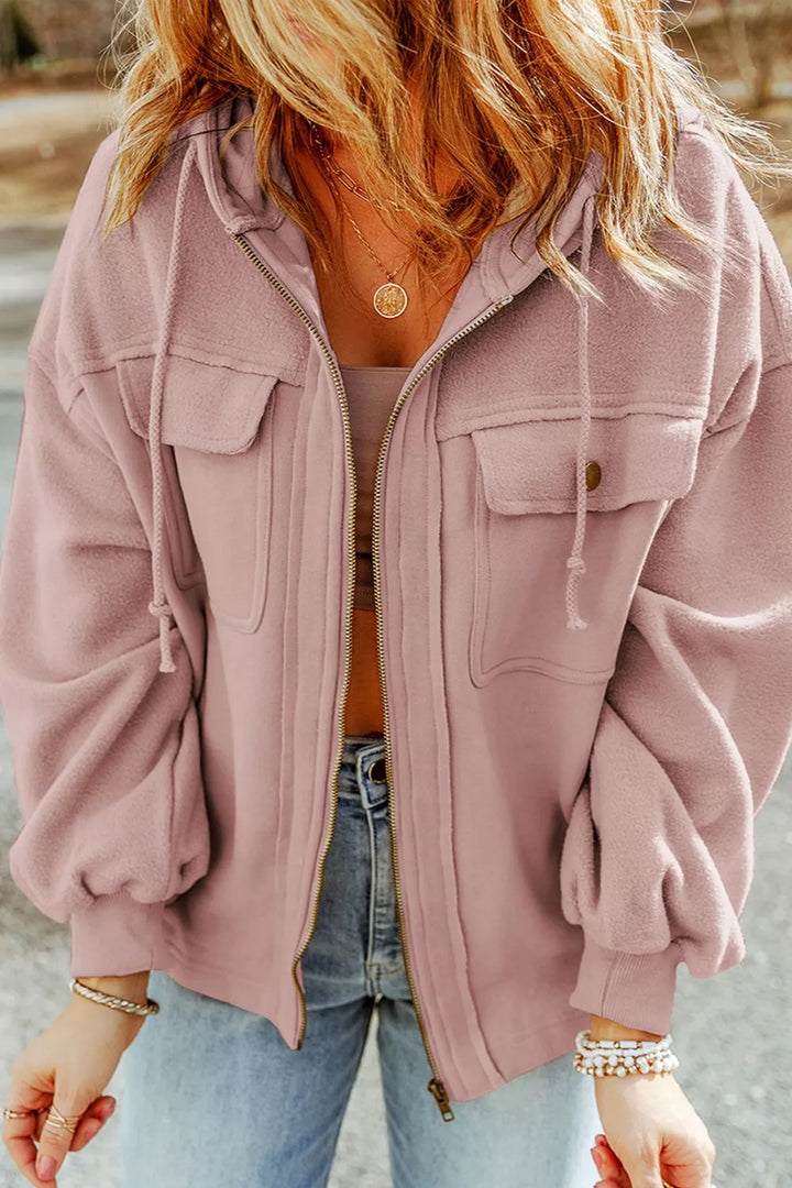 Zip-up hooded fleece jacket with flap pockets