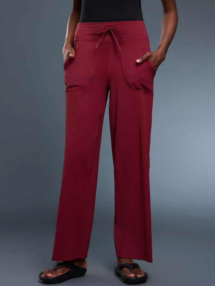 Burgundy Wide-leg drawstring pants with curved front pockets