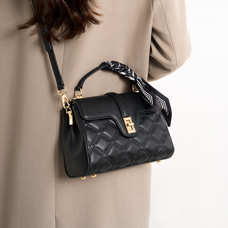 Black Quilted faux leather crossbody bag with scarf top handle