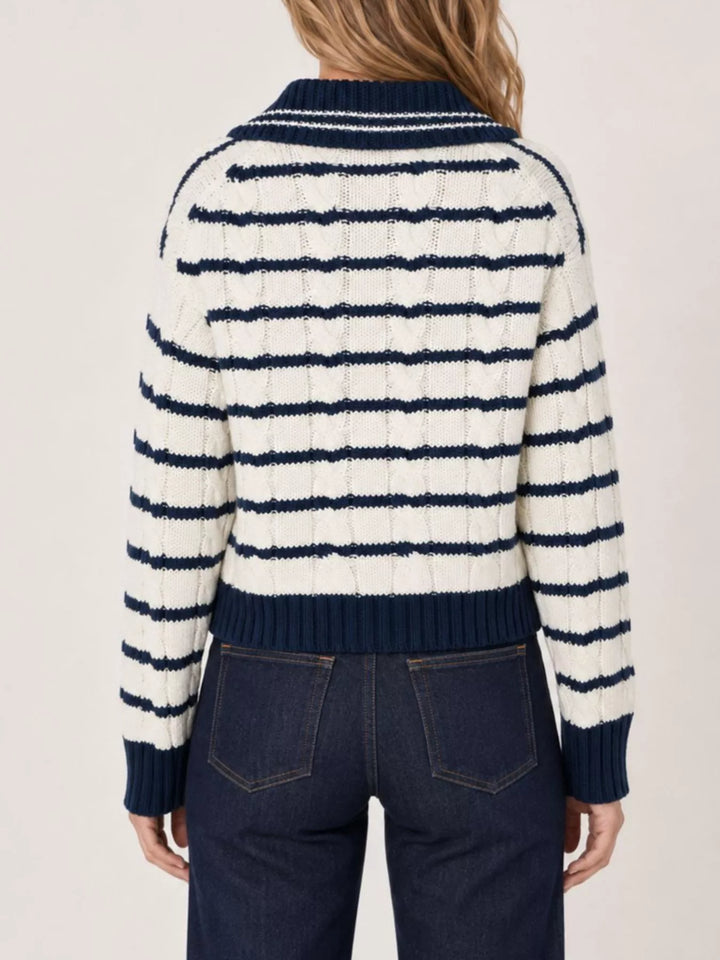 Striped cable-knit johnny collar sweater with dropped shoulders
