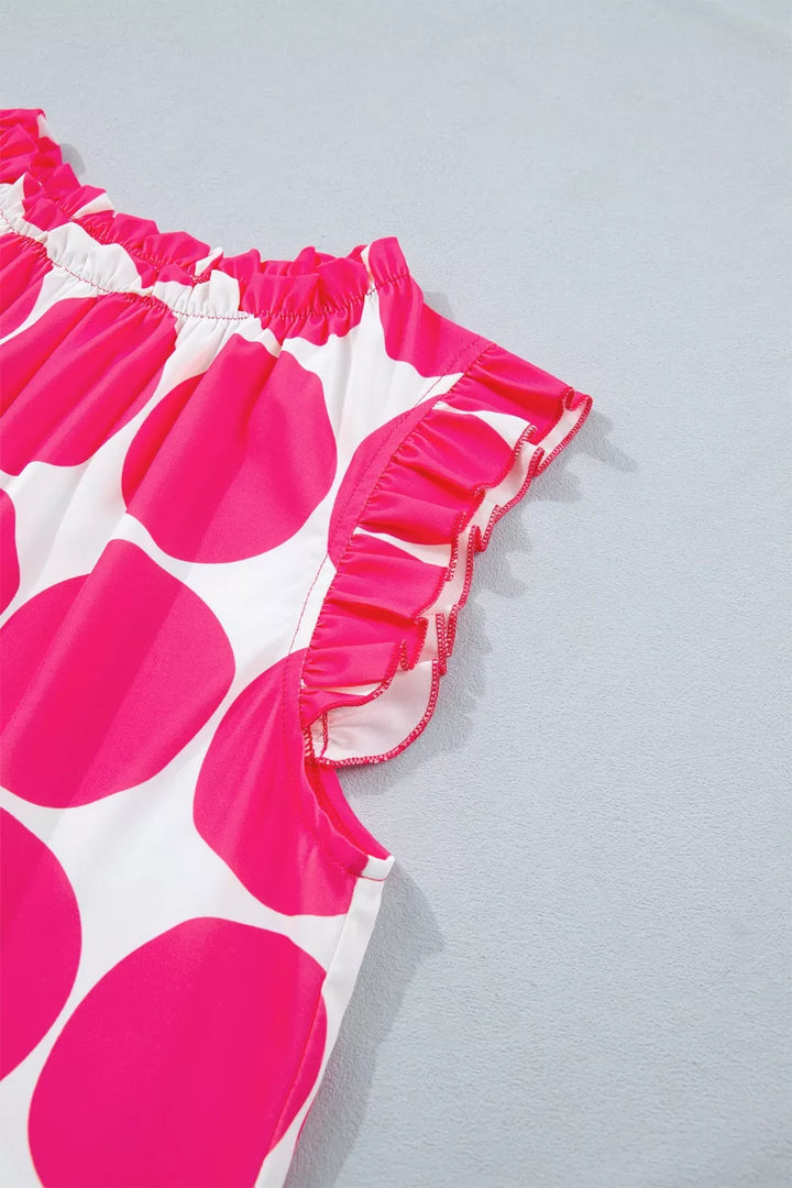 Large polka dot ruffle-neck sleeveless shift top