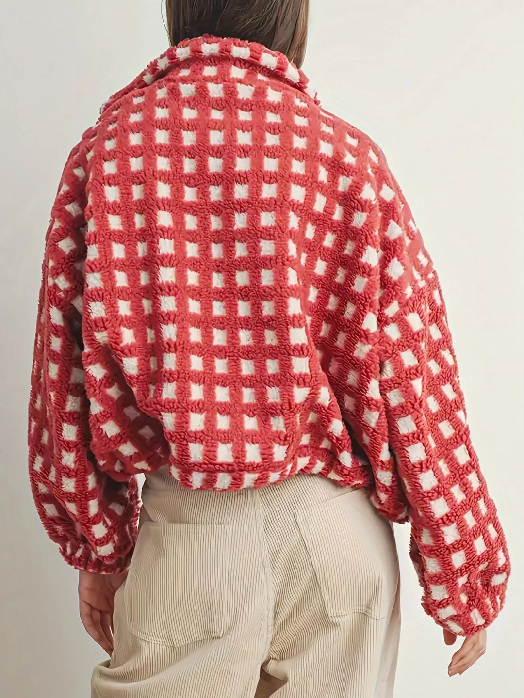 Plaid sherpa zip-up jacket with stand collar and drawstring hem