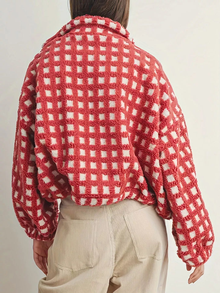 Plaid sherpa zip-up jacket with stand collar and drawstring hem