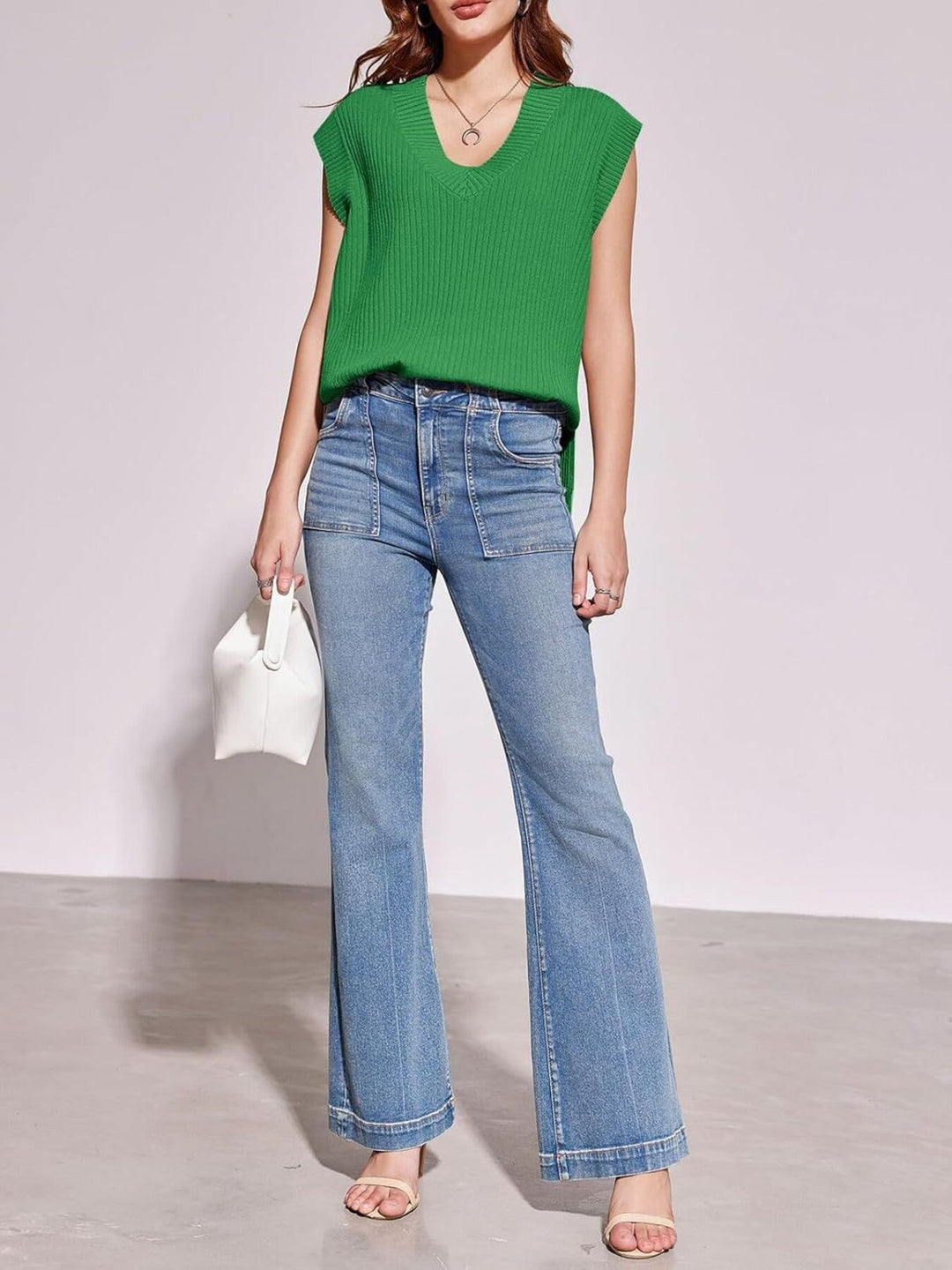 Ribbed knit V-neck sweater vest with drop shoulders
