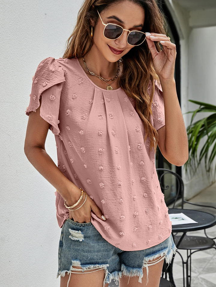Swiss dot petal sleeve top with pleated round neck