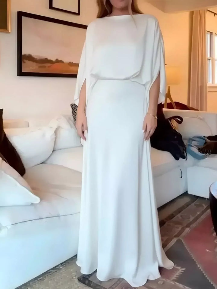 White Satin batwing sleeve maxi dress with ruched bodice